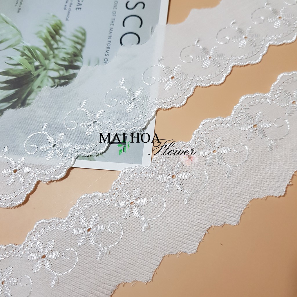 [Size bé 5cm] Dây viền ren thô boi thêu hoa trắng bằng sợi chỉ bóng, may phần tay, cổ hoặc gấu váy áo, Maihoaflower