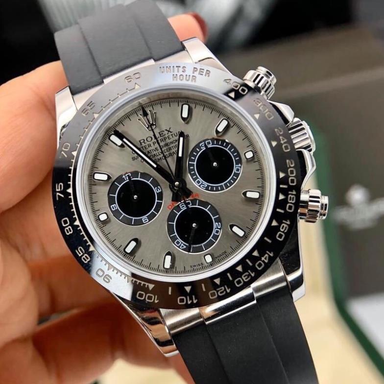 Đồng hồ Nam Rolex máy nhật-Đồng hồ cơ Automatic Rolex 3 nút KIM DẠ QUANG mặt xám dây cao su size 41-42 mm