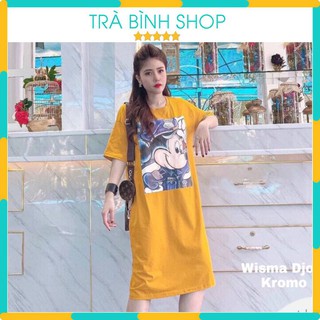 Đầm suông dáng dài tay lỡ váy suông nữ cổ tròn họa tiết chuột 5D chất thun cotton hàng VNXK