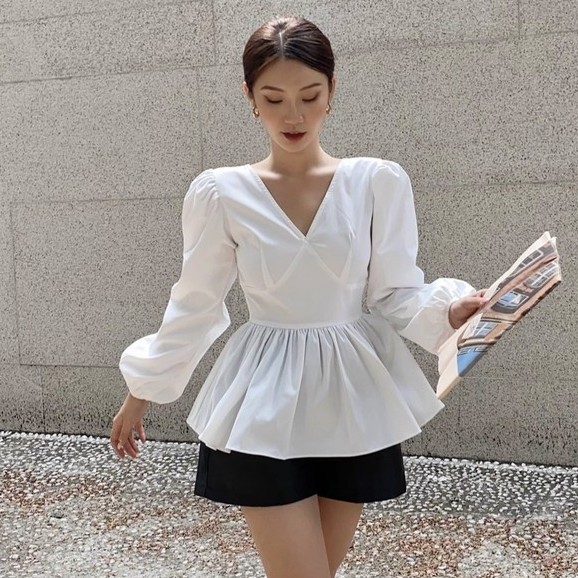 RECHIC Áo kiêu Marcus cổ V tay dài chiết eo xinh xắn dễ thương thanh lịch đi làm đi chơi
