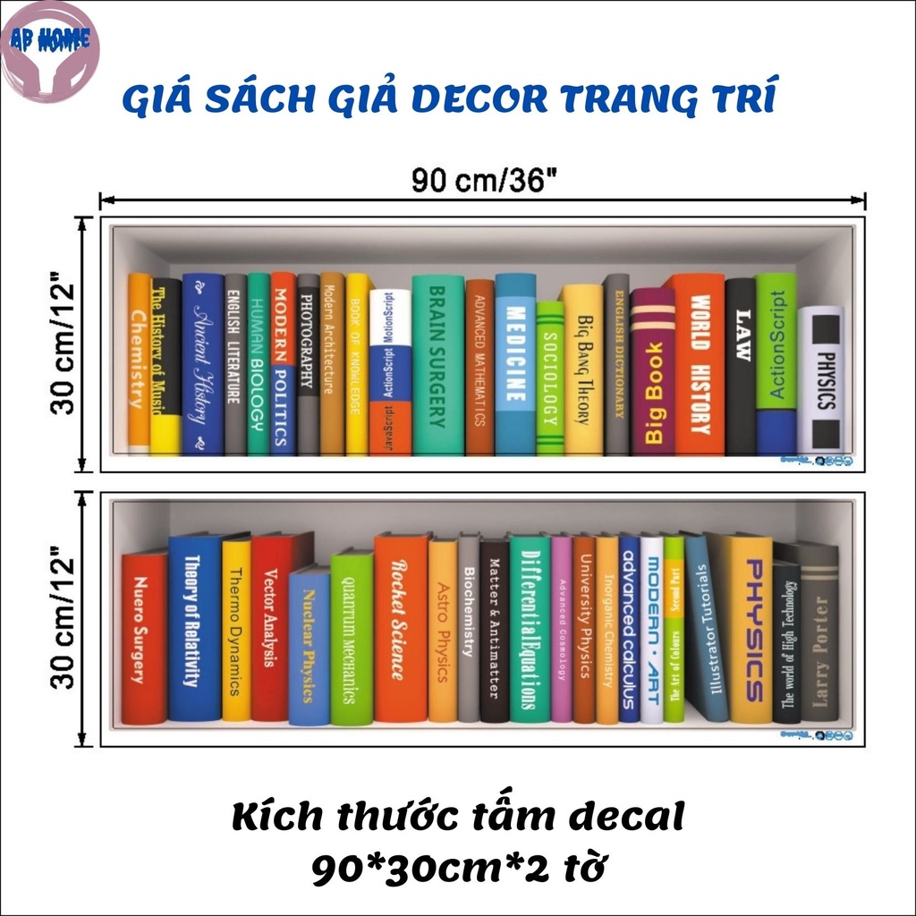 Decal giá sách giả 3D tranh trang trí nhà thư viện phòng học decor chụp ảnh