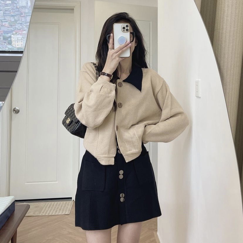 Áo Cardigan Len Dáng Croptop Pha Màu Cổ M099-Violet | BigBuy360 - bigbuy360.vn