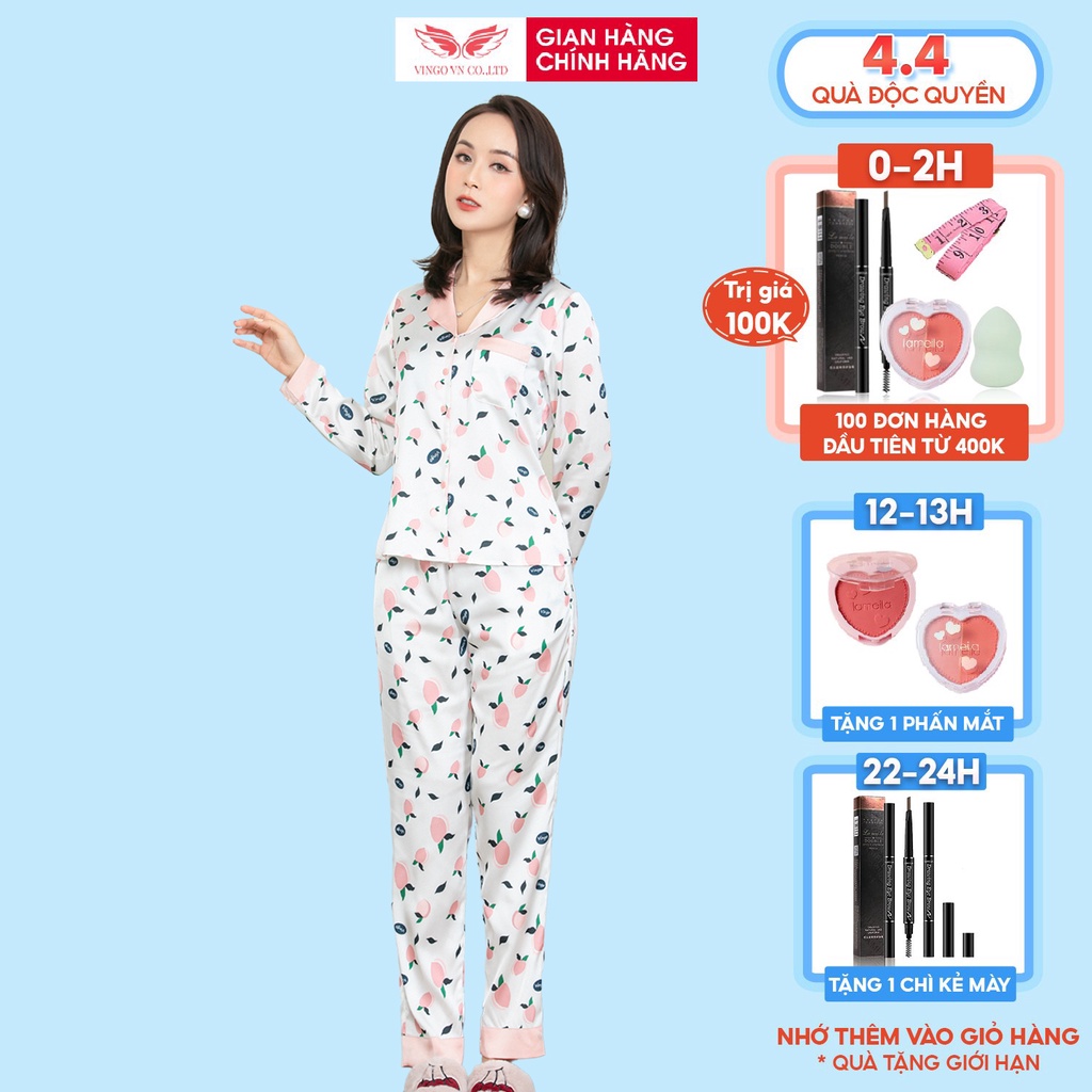 Đồ Bộ Nữ Pijama Mặc Nhà VINGO Lụa Pháp Cao Cấp Tay Dài Quần Dài Mùa Thu Đông Họa Tiết Trái Đào Hồng H076 VNGO - TDQD