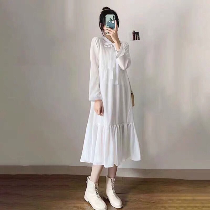 Đầm Babydoll Nơ Ngực 🦋FREESHIP🦋 Váy Nữ Tay Bồng Dáng Suông 2 Màu