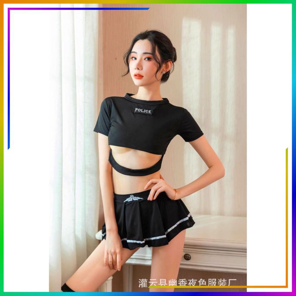Bộ Đồ Ngủ Cosplay Tiếp Viên Gợi Cảm, Bộ Váy Ngủ C.Ả.N.H S.Á.T Sexy Gổm Mũ + Áo Croptop Cách Điệu + Đầm Dáng Xòe (Đen) | BigBuy360 - bigbuy360.vn