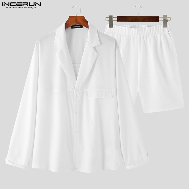 Bộ sơ mi dài tay + quần short INCERUN màu trơn thời trang mùa thu cho nam