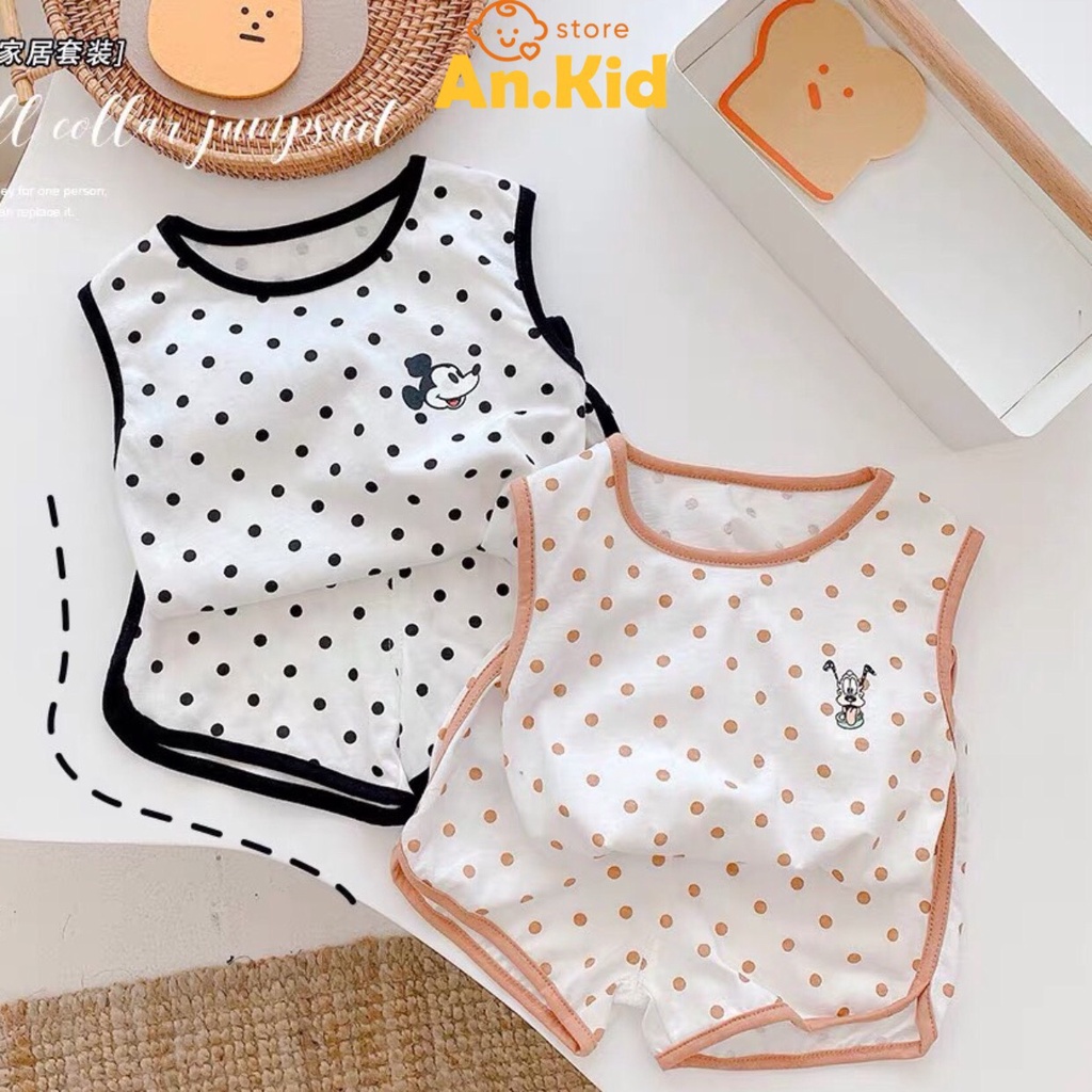 Bộ Đồ Ba Lỗ Bé Trai, Bé Gái 6-15kg Chất Cotton QC Hoạ Tiết Chấm Bi Hình Mickey, Bộ Cho Bé Mặc Hè - AN.KID