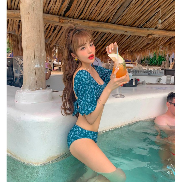 Bikini cổ vuông tay phồng hot trend nhún ngực hàng Quảng Châu - Xanh retro