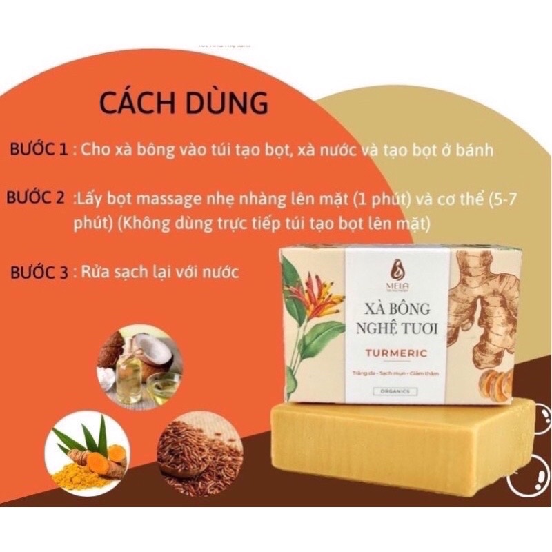 Combo Xà Bông + Sữa Rửa Mặt Nghệ MELA Thiên Nhiên, Trắng Da Giảm Thâm Mụn Không Chất Bảo Quản Hương Liệu