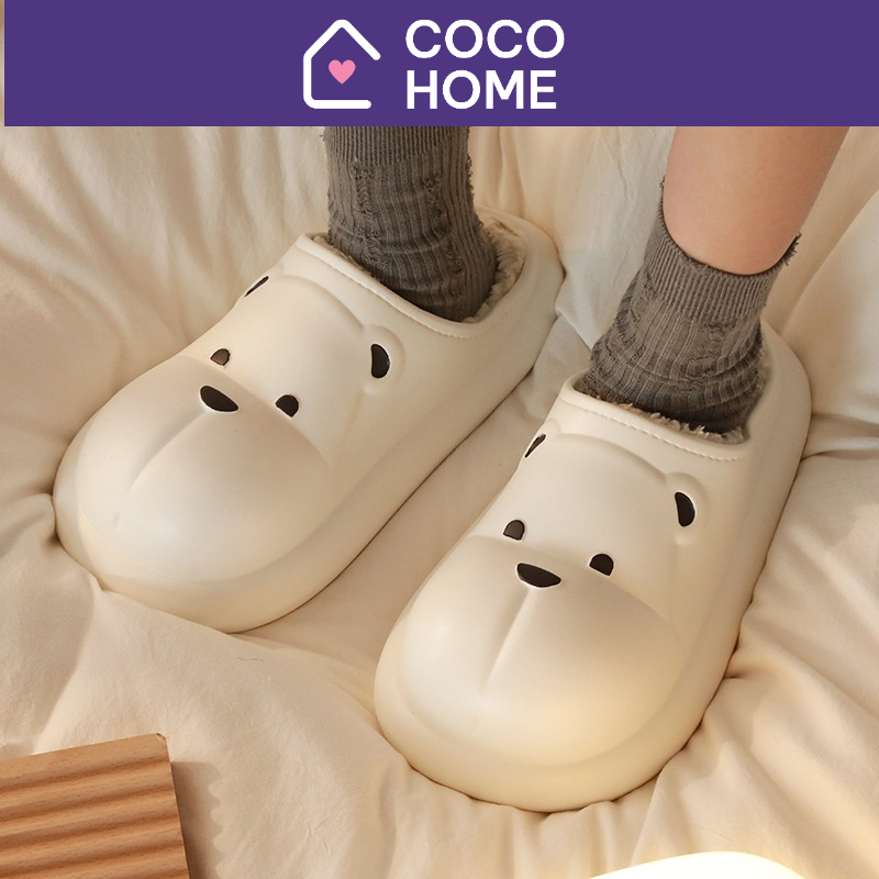 Giày gấu giữ ấm siêu dễ thương chống thấm nước Coco Home - Dép lót lông gấu đi trong nhà cute cho nam, nữ