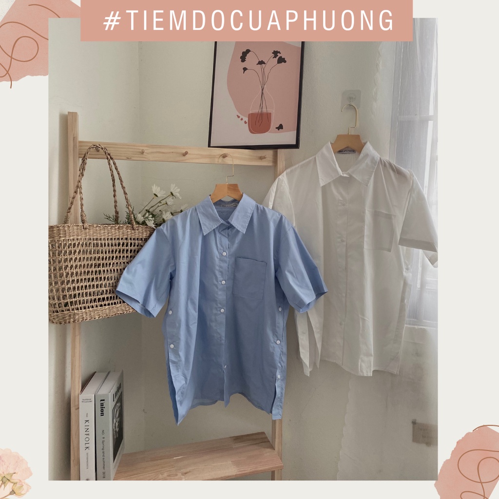Áo sơ mi trơn dáng rộng ulzzang cúc cài hai bên