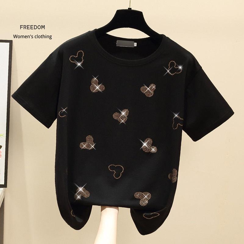 freedom  2021 Pure Cotton Heavy Industry Hot Rhinestone Áo thun ngắn tay Nữ mùa hè phong cách mới sơ mi trắng nửa trên d