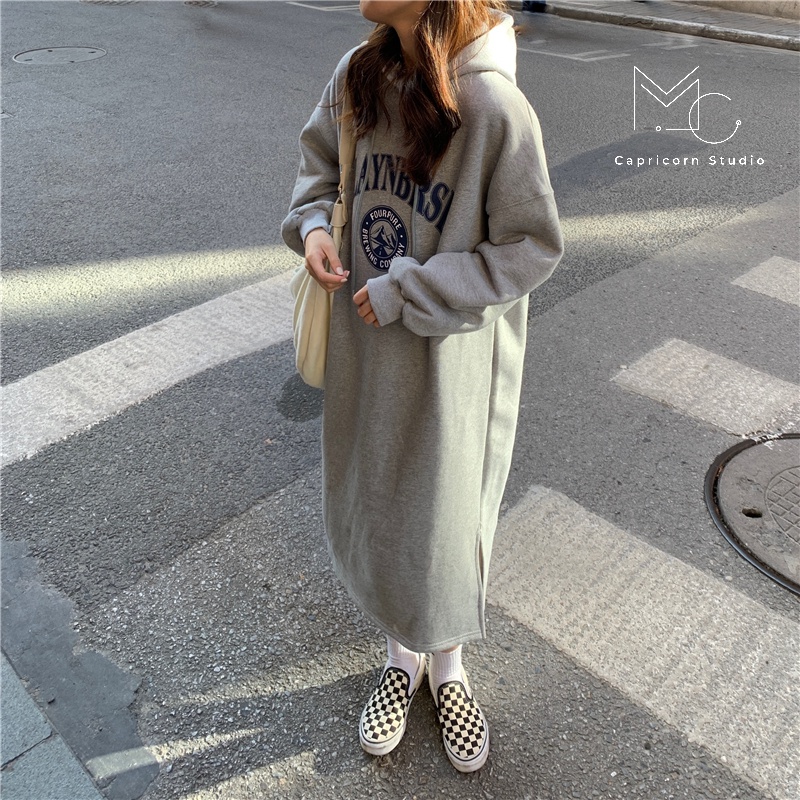 Váy/ Đầm oversize dáng hoodie có mũ trùm đầu dày dặn cho mùa đông ấm áp