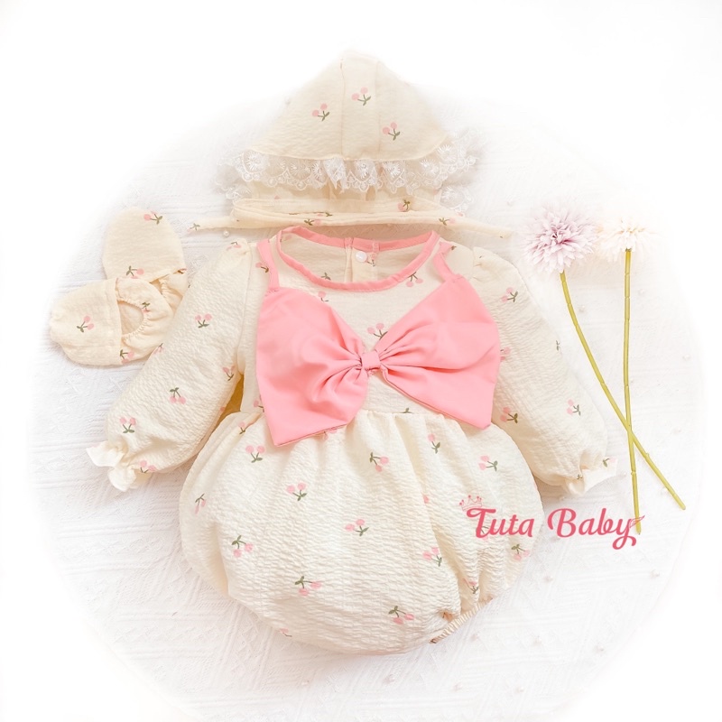Bodysuit Cho Bé Cherry Hồng Dài Tay Kèm Mũ, Bao Chân, Không Kèm Hộp
