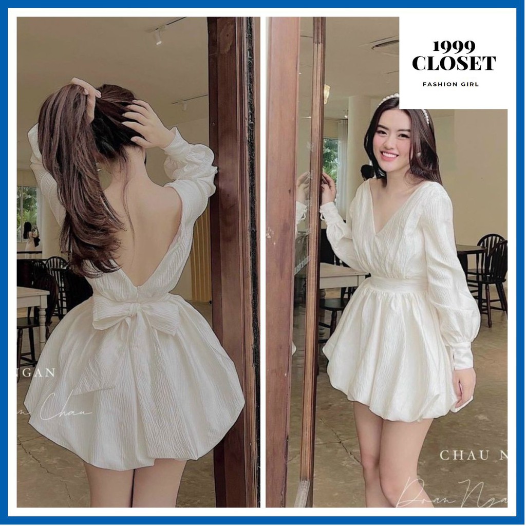 [QUỲNH SHOP] Đầm dự tiệc hở lưng coỏ V có mút ngực dài tay tùng bí siêu sang (mã 005)