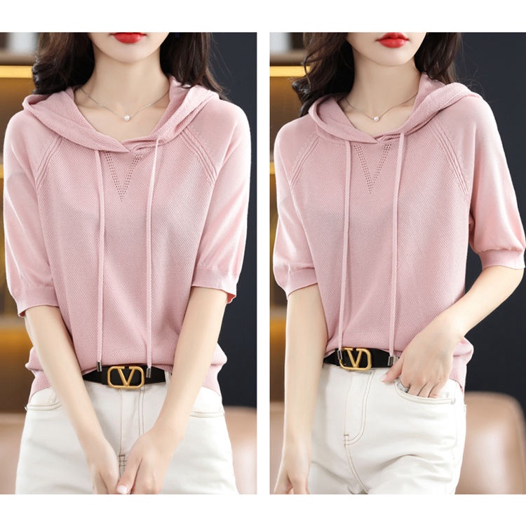 Áo Hoodie Tay Ngắn Dáng Rộng Màu Sắc Đơn Giản Thời Trang Cho Nữ