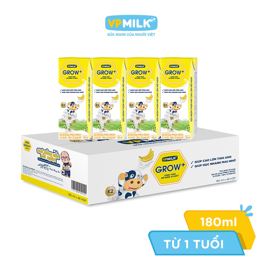 Sữa tiệt trùng VPMilk Grow+ vị dâu/vị chuối 180ml (thùng 48 hộp)