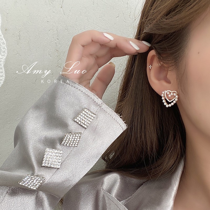 Bông tai mạ bạc 925 hình trái tim đôi đính kim cương ngọc trai giả kiểu Hàn Quốc F028