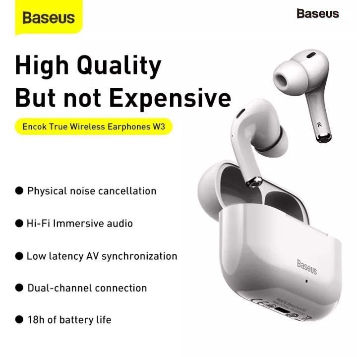 Tai nghe Bluetooth TWS Baseus W3 Stereo W5.0 Chống ồn vật lý, chống thấm, kháng nước iPX5 - Hãng phân phối