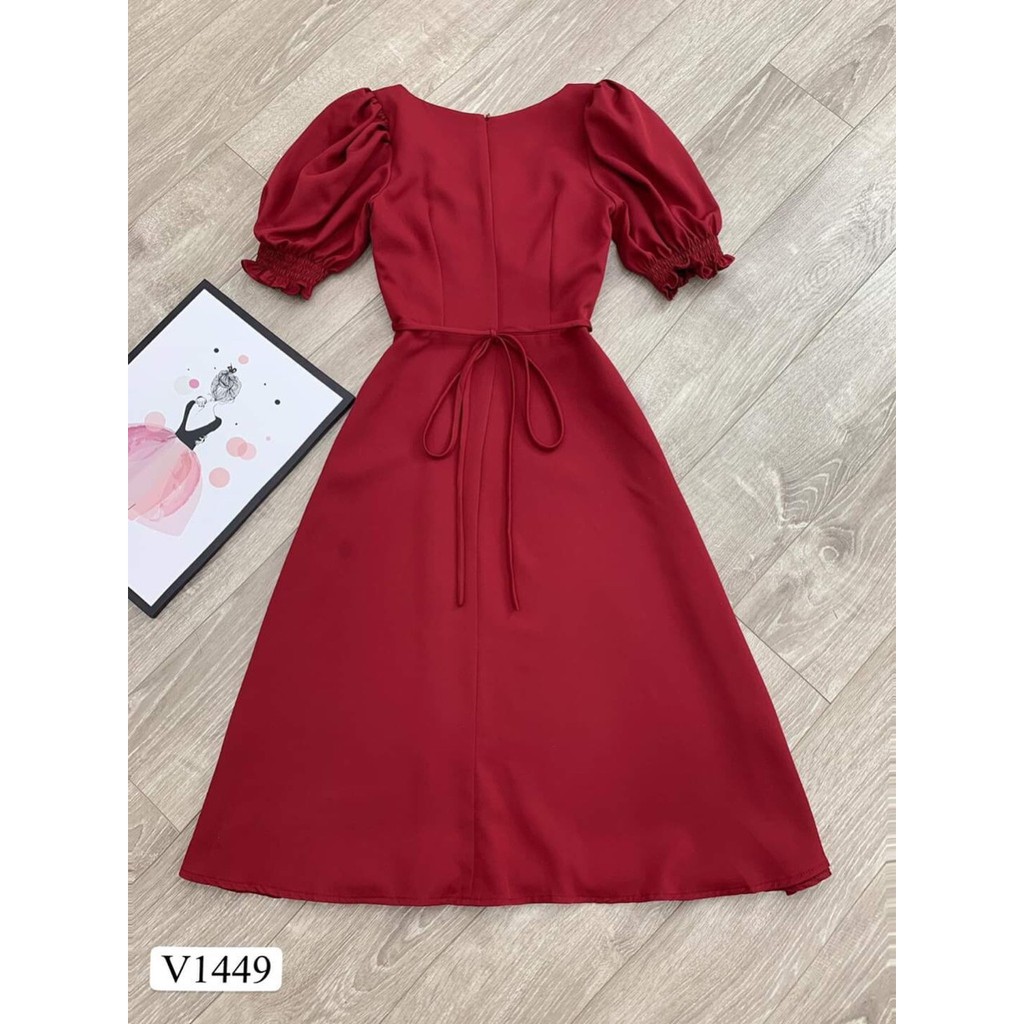 Váy đầm nữ dáng xòe kiểu tay phồng nhún ngực chất umi mềm mịn thoải mái cho người mặc