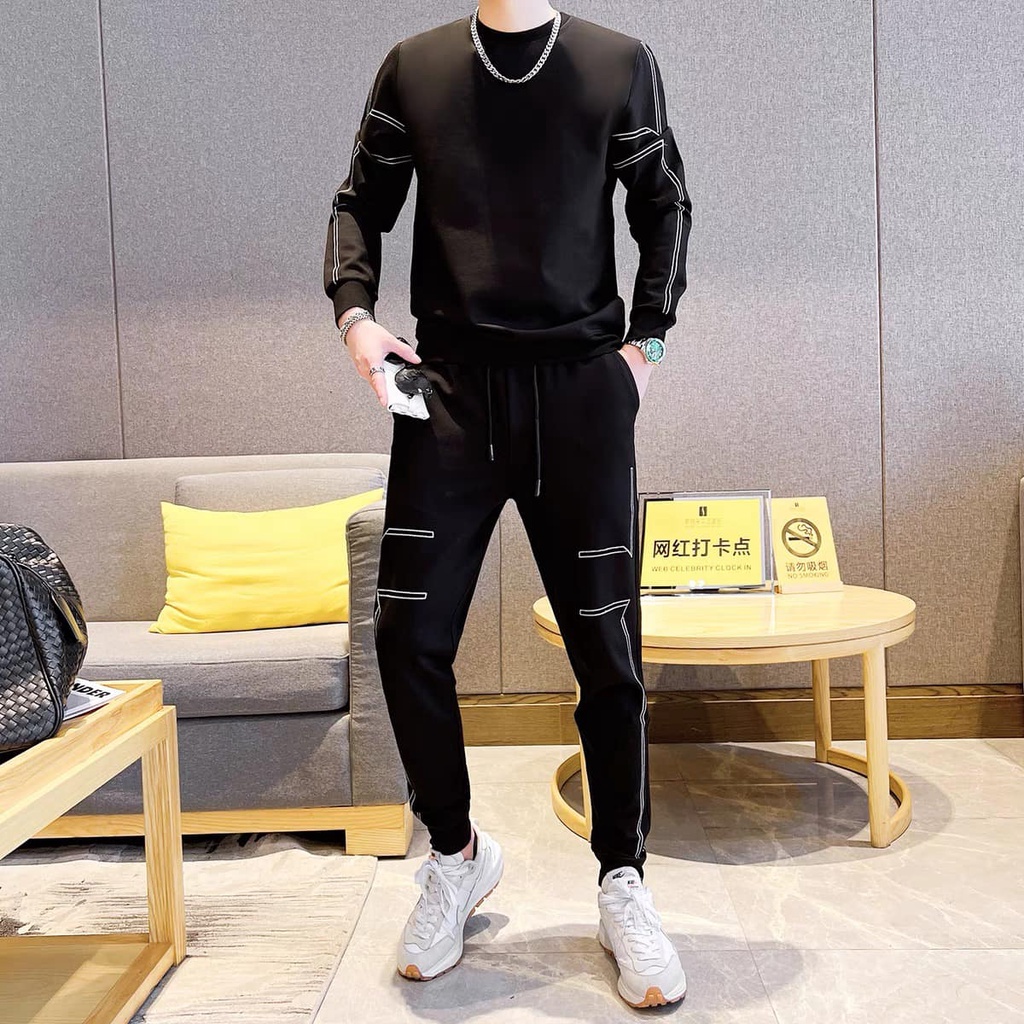 Bộ đồ thể thao Nam Hàn Quốc Áo len mỏng giản dị Cá tính Bộ hai mảnh, Nỉ Ngoại Dày Dặn Ấm Áp