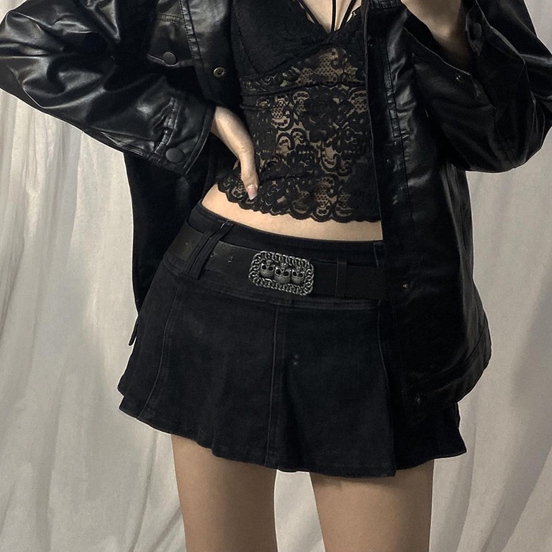 Chân váy jean Mini Phối Thắt Lưng In Hình Đầu Lâu Phong Cách Harajuku Y2k Cá Tính Cho Nữ | BigBuy360 - bigbuy360.vn
