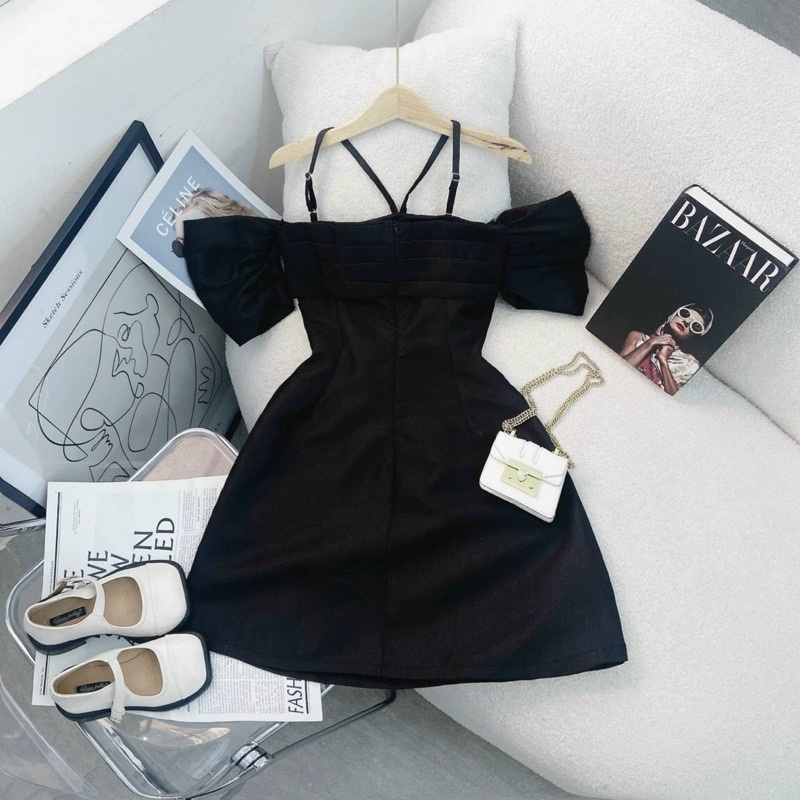 ĐẦM ĐEN RỚT TAY NHÚN XẾP DÂY YẾm