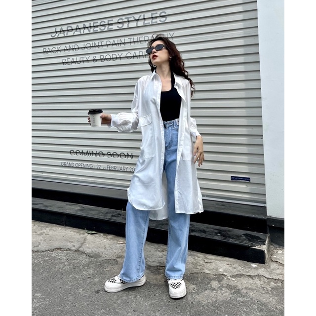ĐẦM SƠMI NỮ LONG SHIRT DRESS form suông dài oversize thiết kế basic 2 tone màu đen trắng - làm áo khoác ngoài đi biển