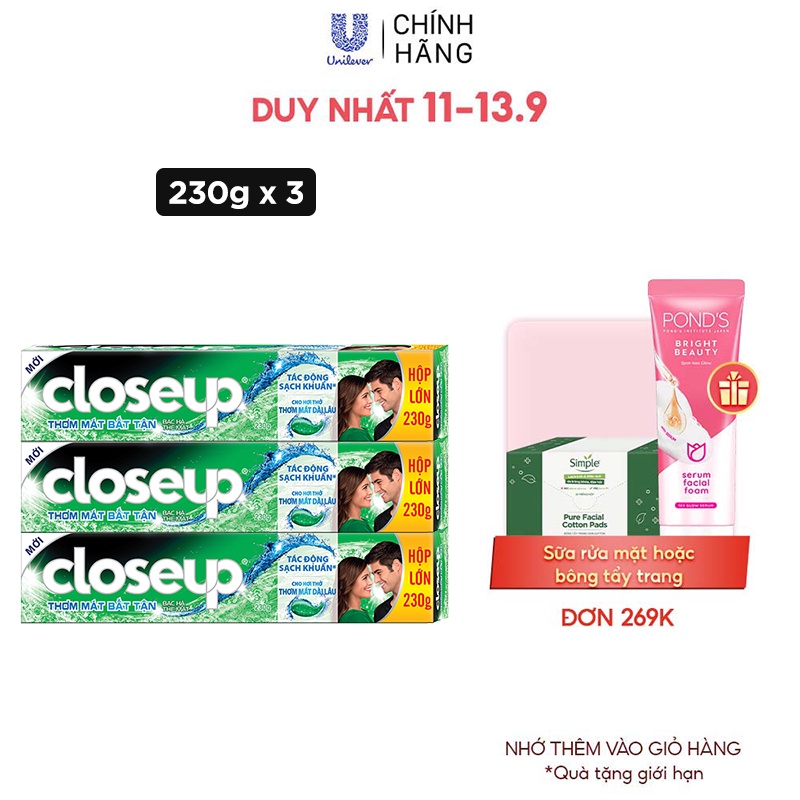 Combo 3 Kem Đánh Răng Closeup Dạng Gel Cho Hơi Thở Thơm Mát Bất Tận Bạc Hà The Mát 230G/Tuýp