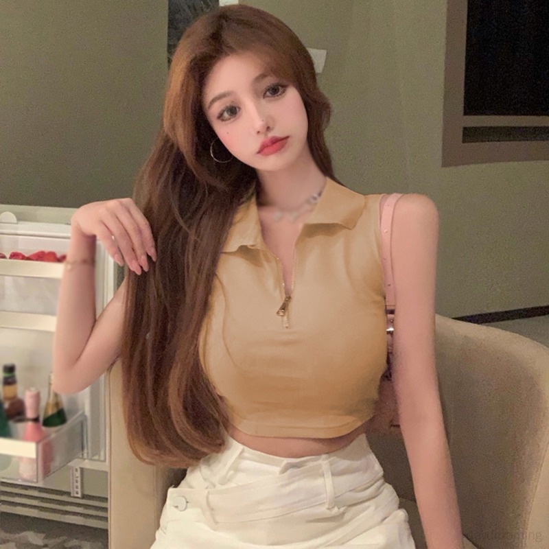 Áo Croptop Dệt Kim Sát Nách Phối Khóa Kéo Trước Thời Trang Mùa Hè Cho Nữ