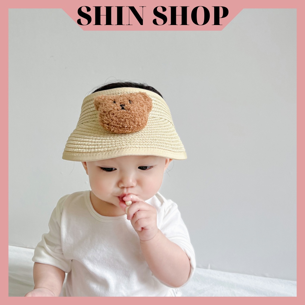 Mũ cói nửa đầu đính kèm gấu bông xù dễ thương ( có quai dán diều chỉnh theo vòng đầu) cho bé 6m-7y MH109 Shinshop