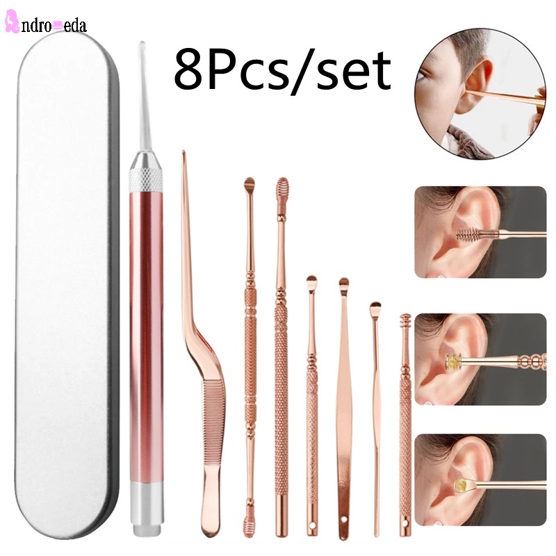 Set 8 Dụng Cụ Vệ Sinh Tai Bằng Thép Không Gỉ Có Đèn LED Cho Trẻ Em