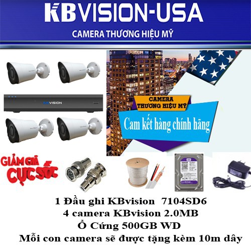 Trọn bộ 4 camera Kb vision 2.0M thương hiệu mỹ, bao gồm ổ cứng, dây và nguồn (Lắp đặt rất dễ dàng)