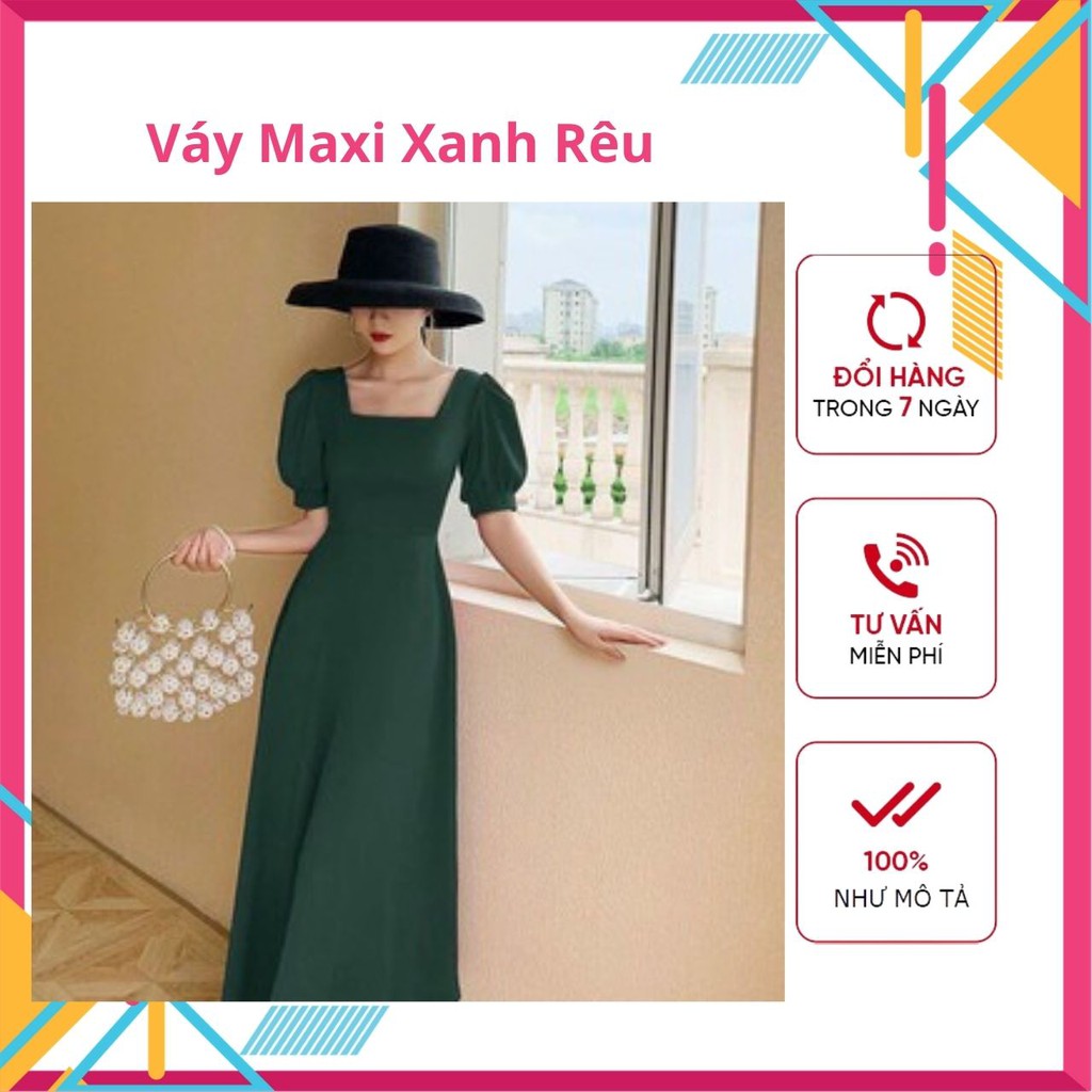 Váy Maxi Đi Biển Xòe Dài Cổ Vuông Tay Phồng Xanh Rêu - Đầm Maxi Du Lịch - Maxi Dress Dạ Hội Siêu Đẹp Siêu Sang | BigBuy360 - bigbuy360.vn