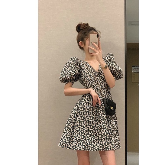 Đầm Tay Phồng Cổ Chữ V In Họa Tiết Hoa Nhí Xinh Xắn Thời Trang Phong Cách Hàn Quốc 2022