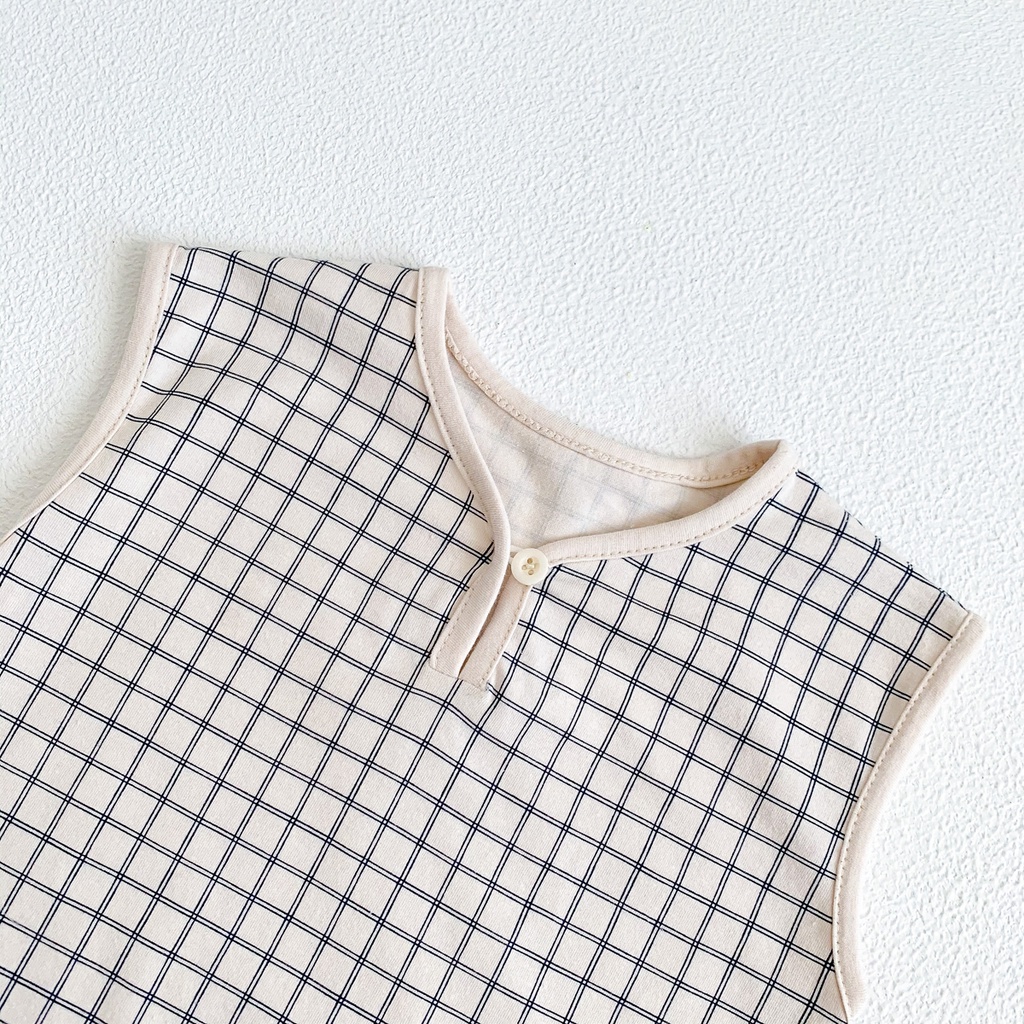 Bộ Áo Liền Quần Sát Nách Bằng Vải Cotton Họa Tiết Ca Rô Đơn Giản Thời