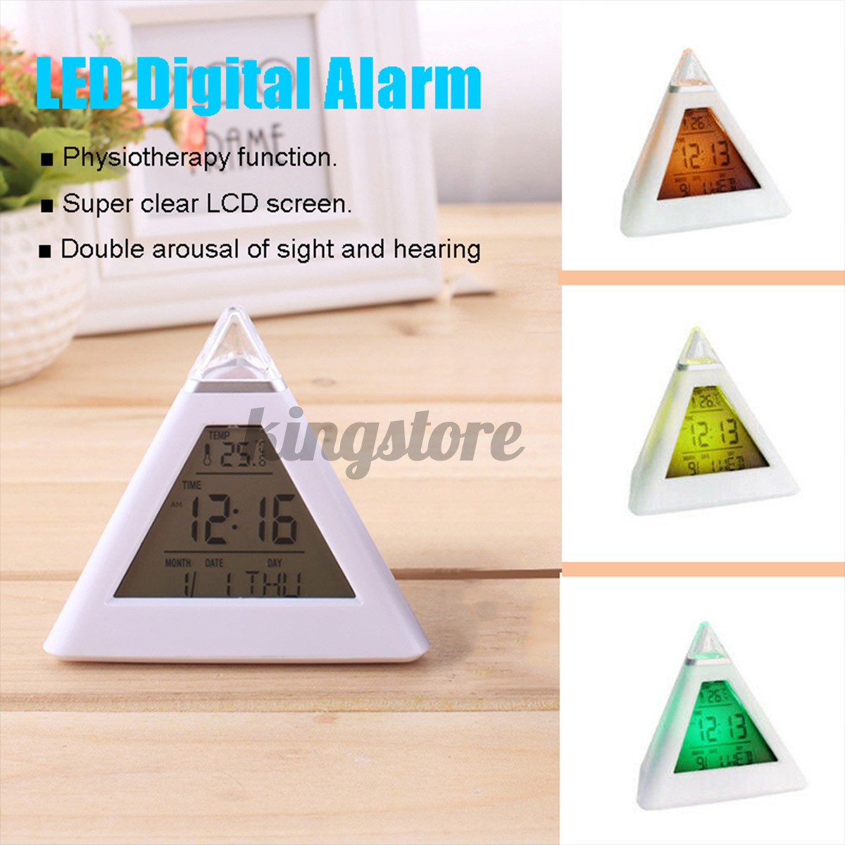 3.9x3.9x4in LCD 7 Colour Changing Triangle Digital Alarm Clock Night Light Bedside Desk Lamp