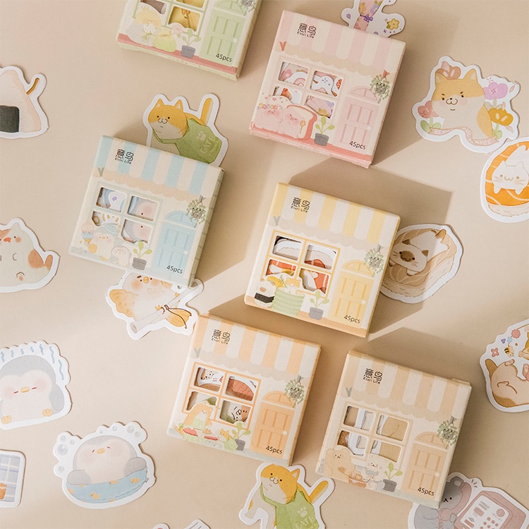 Hộp 45 miếng sticker dễ thương độc đáo thiết kế hộp đựng kiểu dáng ngôi nhà dùng trong trường học