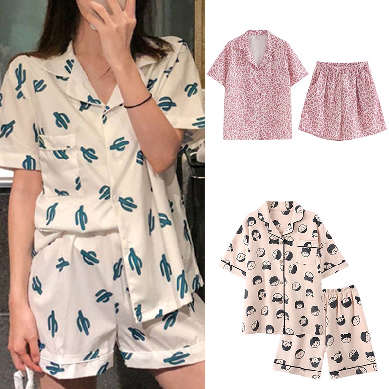 Bộ đồ ngủ ngắn tay in họa tiết phong cách hàn quốc thời trang mùa hè cho nữ