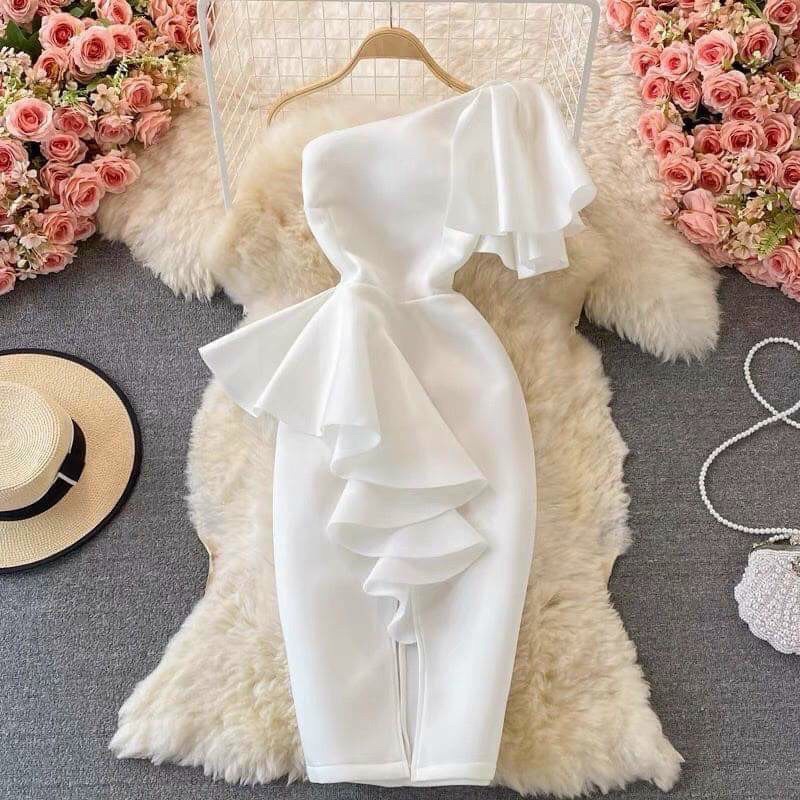 Đầm body lệch 1 vai nhún bèo chất poly TRIPBLE T DRESS