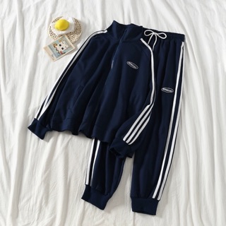 (ORDER) Set thể thao ulzzang bo gấu có chữ màu xanh đậm