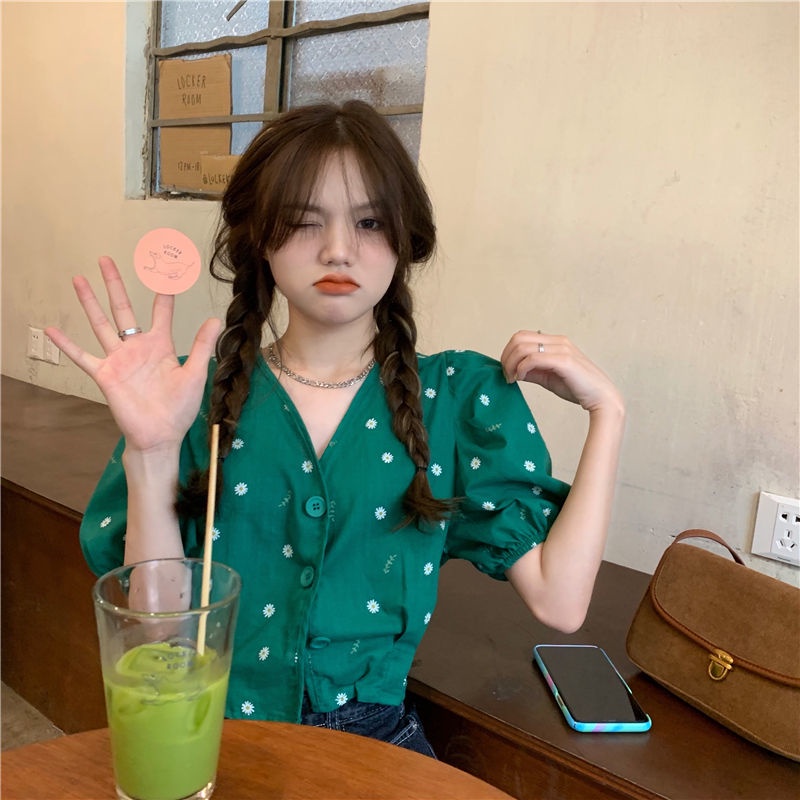 Áo Cardigan Tay Phồng Cổ Chữ V Họa Tiết Hoa Cúc Phong Cách Kiểu Pháp Cổ Điển Duyên Dáng