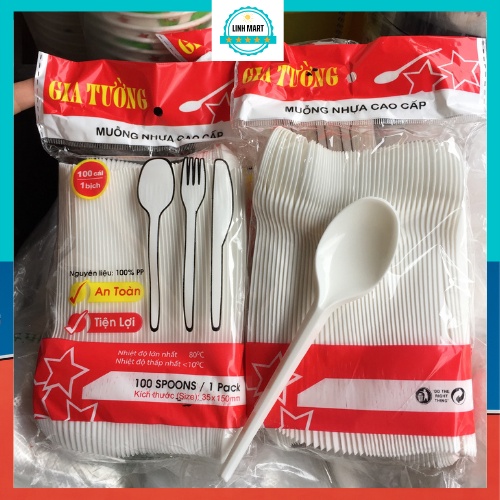 Thìa nhựa Gia Tường gói đủ 100 chiếc, Thìa nhựa dùng một lần LINHMART