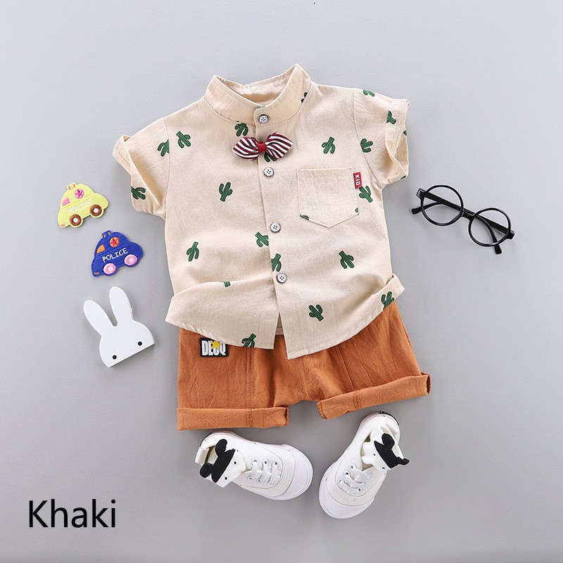 Set áo sơ mi tay ngắn in hình cây xương rồng + quần short lưng thun cho bé trai từ 1-4 tuổi