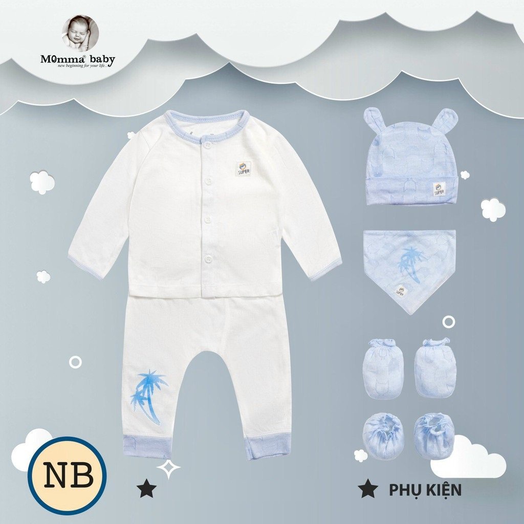 Xả kho Set quần áo sơ sinh dài tay Momma chất thông hơi siêu đẹp kèm mũ, yếm, bao chân tay 0-3 tháng cho bé
