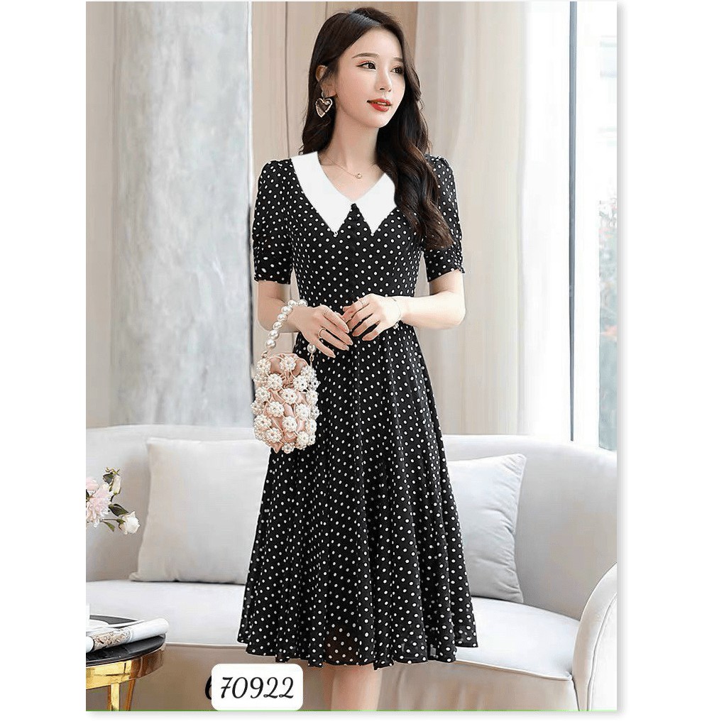 ĐẦM XÒE NỮ CHẤM BI PHỐI CỔ LÁ SEN DUYÊN DÁNG LỊCH THIỆP ĐỦ SIZE S M L XL XXL
