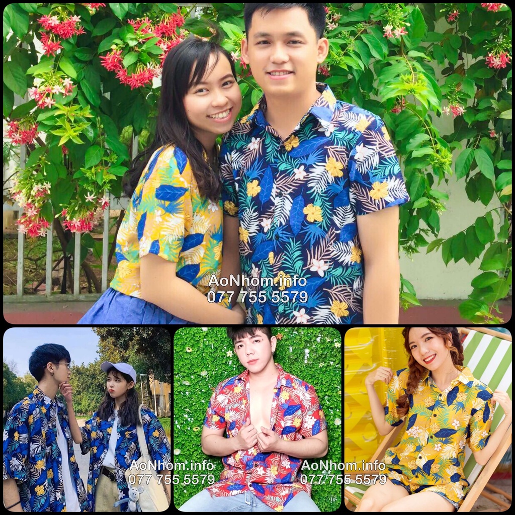 Áo Sơ Mi Đi Biển Mềm Mát - Bông Hoa Xanh Đỏ Vàng - Đủ Size Nam Nữ, Hoạ Tiết Hoa Lá Trái Cây Hawaii #AB024