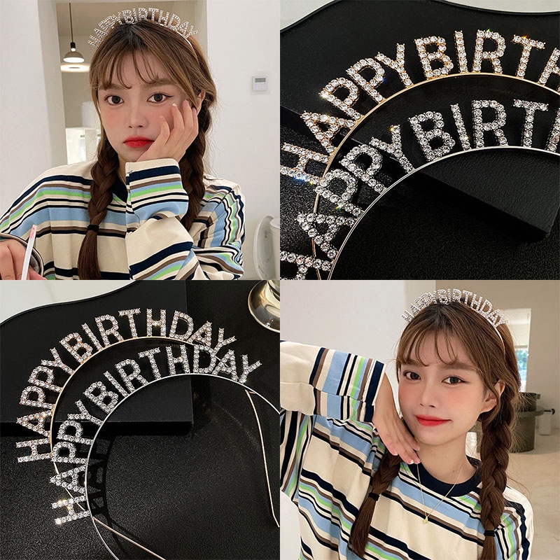 Băng đô cài tóc hình chữ Happy Birthday đính đá long lanh cho nữ