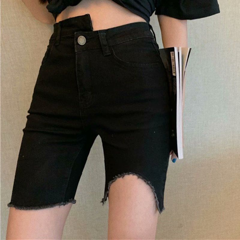 Quần short denim lưng cao ống suông phối rách thời trang mùa hè dành cho nữ