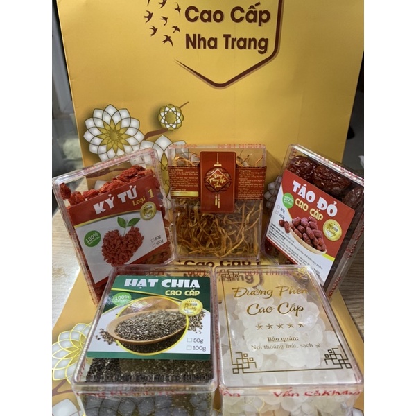 Nguyên liệu chưng yến-bộ sản phẩm táo đỏ, hạt chia, đông trùng hạ thảo,kỷ tử,đường phèn
